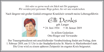 Traueranzeige von Elli Denks von Allgäuer Zeitung, Marktoberdorf