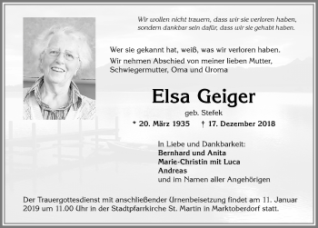 Traueranzeige von Elsa Geiger von Allgäuer Zeitung, Marktoberdorf