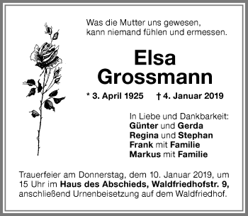 Traueranzeige von Elsa Grossmann von Memminger Zeitung