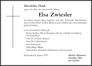 Traueranzeige von Elsa Zwiesler von Der Westallgäuer