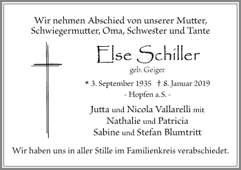 Traueranzeige von Else1 Schiller von Allgäuer Zeitung, Füssen