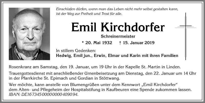  Traueranzeige für Emil Kirchdorfer vom 18.01.2019 aus Allgäuer Zeitung, Kaufbeuren/Buchloe