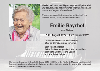 Traueranzeige von Emilie Bayrhof von Allgäuer Zeitung