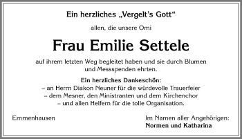 Traueranzeige von Emilie Settele von Allgäuer Zeitung, Kaufbeuren/Buchloe