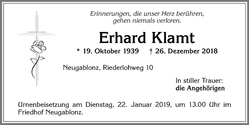  Traueranzeige für Erhard Klamt vom 19.01.2019 aus Allgäuer Zeitung, Kaufbeuren/Buchloe