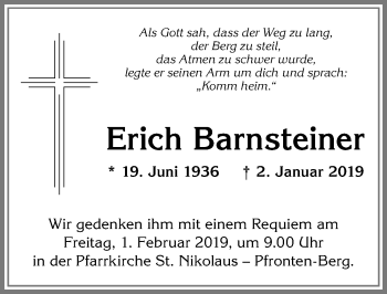 Traueranzeige von Erich Barnsteiner von Allgäuer Zeitung, Füssen