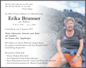 Traueranzeige von Erika Brunner von Der Westallgäuer