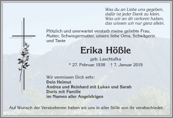 Traueranzeige von Erika Hößle von Allgäuer Zeitung, Füssen