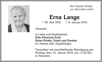 Traueranzeige von Erna Lange von Allgäuer Zeitung,Kempten