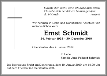 Traueranzeige von Ernst Schmidt von Allgäuer Anzeigeblatt