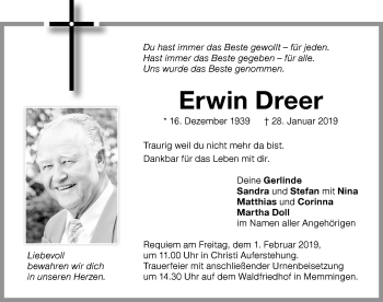 Traueranzeige von Erwin Dreer von Memminger Zeitung