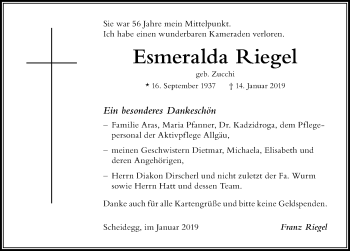 Traueranzeige von Esmeralda Riegel von Der Westallgäuer