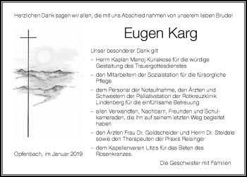 Traueranzeige von Eugen Karg von Der Westallgäuer