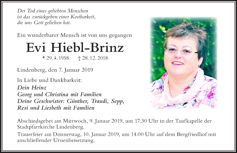  Traueranzeige für Evi Hiebl-Brinz vom 07.01.2019 aus Der Westallgäuer