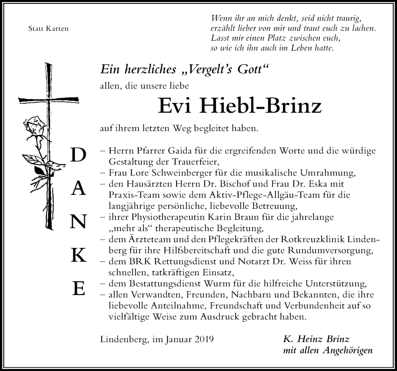  Traueranzeige für Evi Hiebl-Brinz vom 17.01.2019 aus Der Westallgäuer