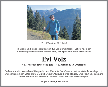 Traueranzeige von Evi Volz von Allgäuer Anzeigeblatt