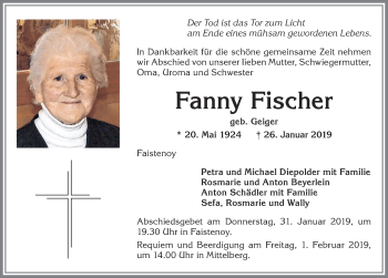 Traueranzeige von Fanny Fischer von Allgäuer Zeitung,Kempten