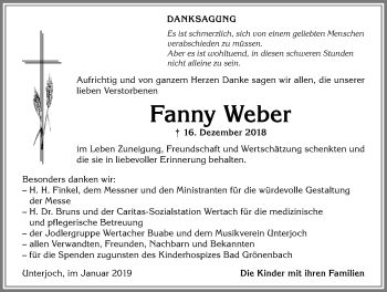 Traueranzeige von Fanny Weber von Allgäuer Anzeigeblatt