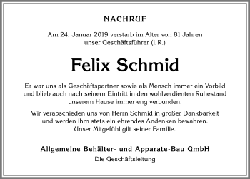 Traueranzeige von Felix Schmid von Allgäuer Zeitung,Kempten