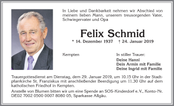 Traueranzeige von Felix Schmid von Allgäuer Zeitung,Kempten