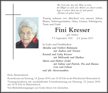Traueranzeige von Fini Kresser von Der Westallgäuer
