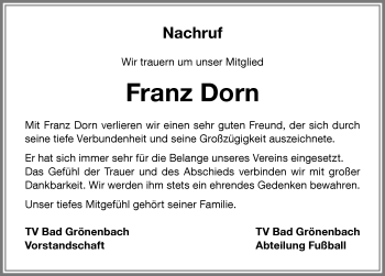 Traueranzeige von Franz Dorn von Memminger Zeitung