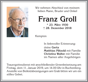 Traueranzeige von Franz Groll von Allgäuer Zeitung,Kempten