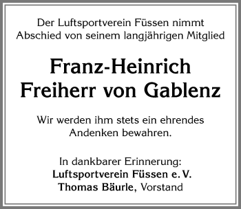 Traueranzeige von Franz-Heinrich Freiherr von Gablenz von Allgäuer Zeitung, Füssen