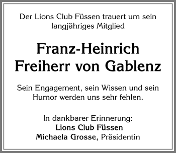 Traueranzeige von Franz-Heinrich Freiherr von Gablenz von Allgäuer Zeitung, Füssen