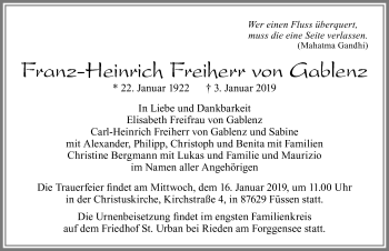 Traueranzeige von Franz-Heinrich Freiherr von Gablenz von Allgäuer Zeitung, Füssen