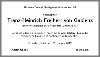 Traueranzeige von Franz-Heinrich  Freiherr von Gablenz von Allgäuer Zeitung, Füssen