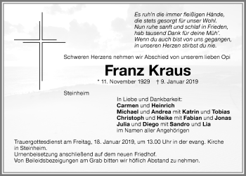 Traueranzeige von Franz Kraus von Memminger Zeitung