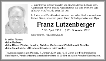 Traueranzeige von Franz Lutzenberger von Allgäuer Zeitung, Kaufbeuren/Buchloe