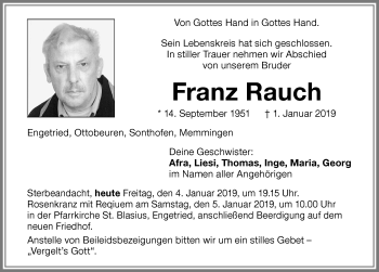 Traueranzeige von Franz Rauch von Memminger Zeitung