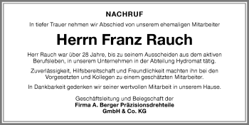Traueranzeige von Franz Rauch von Memminger Zeitung