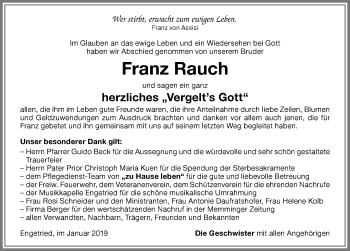 Traueranzeige von Franz Rauch von Memminger Zeitung