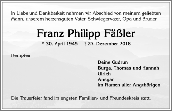 Traueranzeige von Franz Philipp Fäßler von Allgäuer Zeitung,Kempten