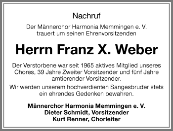 Traueranzeige von Franz X. Weber von Memminger Zeitung
