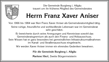 Traueranzeige von Franz Xaver Aniser von Allgäuer Anzeigeblatt