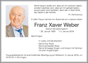 Traueranzeige von Franz Xaver Weber von Allgäuer Zeitung