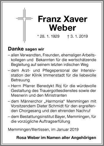 Traueranzeige von Franz Xaver Weber von Allgäuer Zeitung