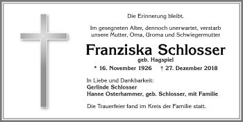Traueranzeige von Franziska Schlosser von Allgäuer Anzeigeblatt