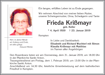 Traueranzeige von Frieda Krißmayr von Allgäuer Zeitung,Kempten