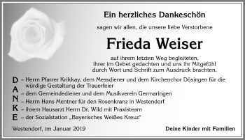 Traueranzeige von Frieda Weiser von Allgäuer Zeitung, Kaufbeuren/Buchloe