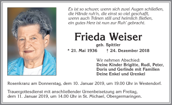 Traueranzeige von Frieda Weiser von Allgäuer Zeitung, Kaufbeuren/Buchloe