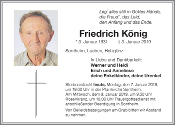 Traueranzeige von Friedrich König von Memminger Zeitung