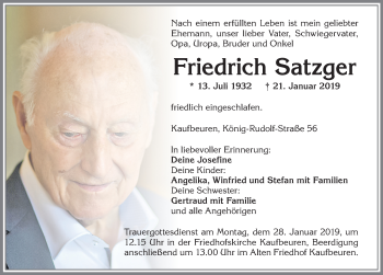 Traueranzeige von Friedrich Satzger von Allgäuer Zeitung, Kaufbeuren/Buchloe