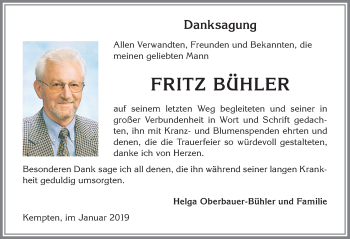 Traueranzeige von Fritz Bühler von Allgäuer Zeitung,Kempten