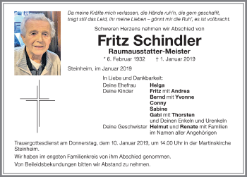 Traueranzeige von Fritz Schindler von Memminger Zeitung