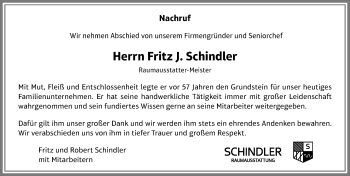 Traueranzeige von Fritz J. Schindler von Memminger Zeitung
